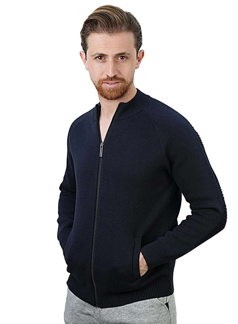 Men's Cotton - Acrylic Texture Stitch Mock Neck Raglan Cardigan