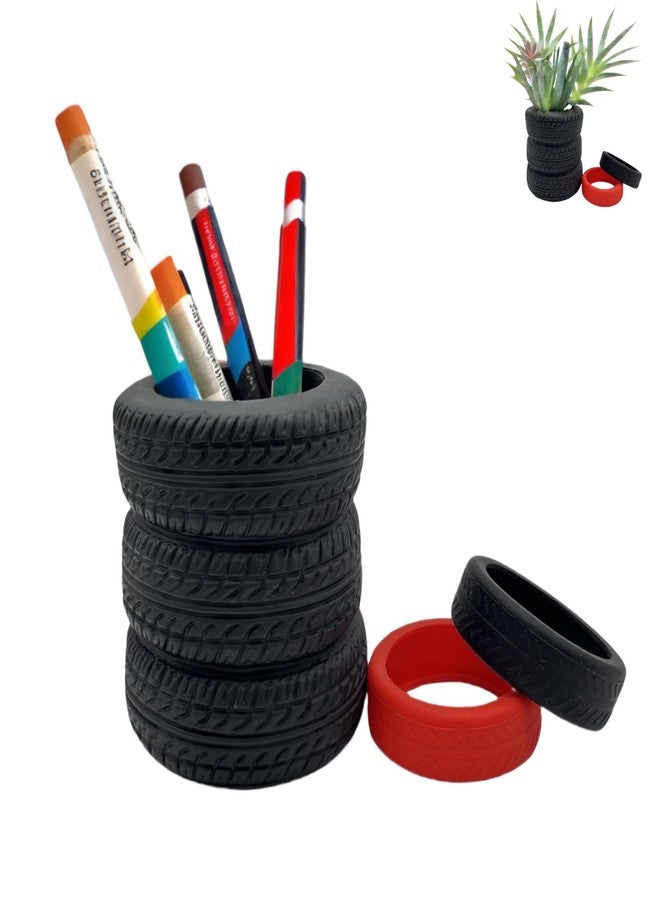 KKpxafl 1 Pcs Tire Shaped Planter Pen Holder and 2 Mini Tire Decoration Tire Shaped Pencil Holder Succulent Cactus Planter Pot for Desk Home Office Accessories Organize - Image 1