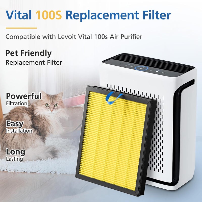 LINNIW عبوة فلتر بديل للعناية بالحيوانات الأليفة Vital 100S لجهاز تنقية الهواء LEVOIT Vital 100S، فلتر HEPA ثلاثي في واحد Vital 100s-P وفلتر كربون نشط عالي الكفاءة، استبدال الجزء #Vital 100S-RF-PA، أصفر - Image 2