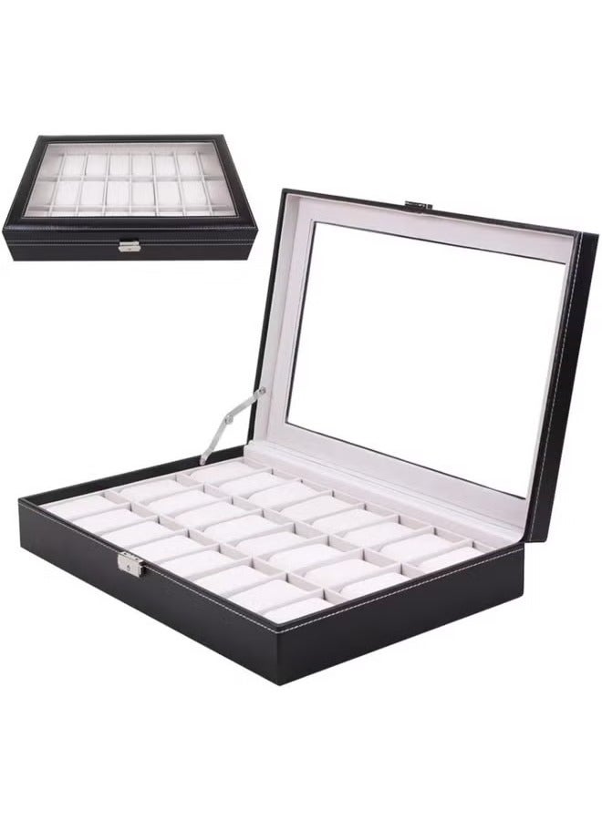 صندوق المراقبة، 24 فتحة حقيبة المراقبة الجلدية، مخزن مجوهرات منظم صندوق المراقبة مع غطاء زجاجي كبير، حقيبة العرض، صندوق مراقبة هدية للرجال والنساء - Image 2