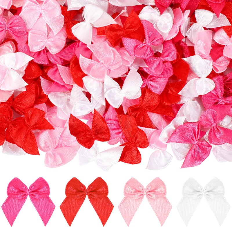 JUNEBRUSHS Valentine's Day Bows - 180pcs Tiny Satin Ribbon Bows for DIY Craft, Wedding & Anniversary Decoration - 4 Colors - Image 1