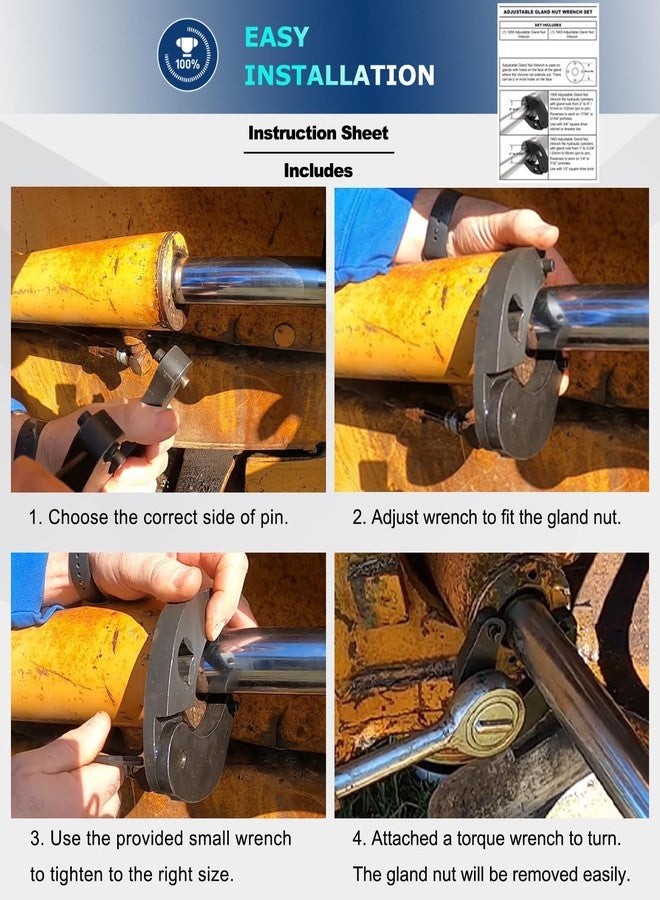 Camoo 1266 & 7463 Adjustable Gland Nut Wrench, 2 Hydraulic Cylinder Spanner Wrench Set Includes Gloves, Microfiber Towel, Pins & Allen Wrenches, Suitable for Farm & Construction Equipment - Image 5