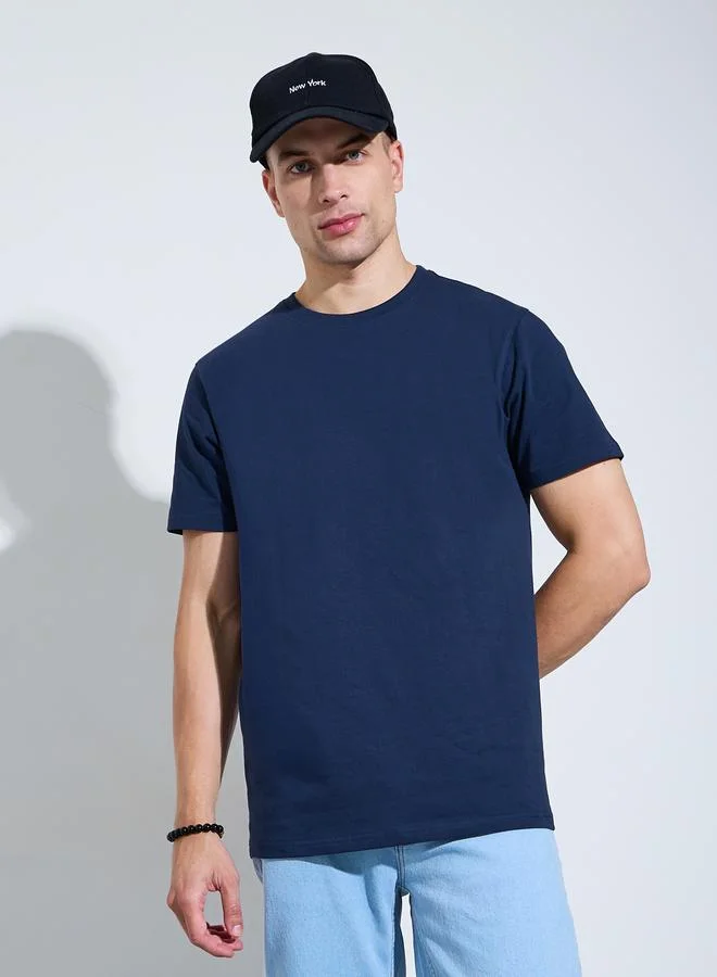 Styli Men Navy Blue Crew Neck Regular Fit T-Shirt