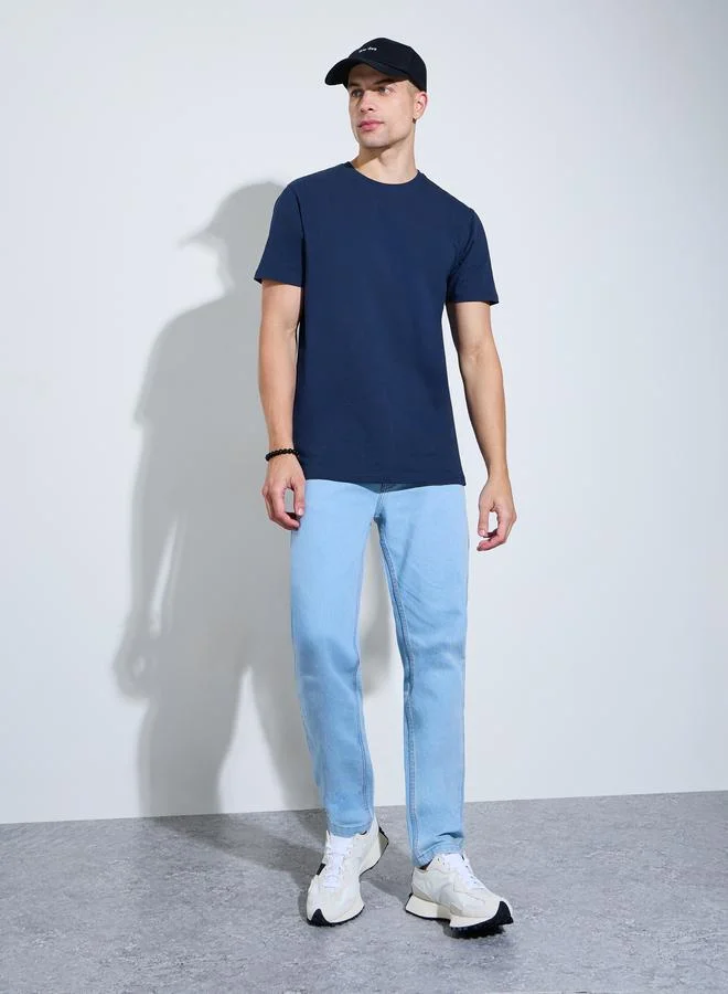 Styli Men Navy Blue Crew Neck Regular Fit T-Shirt