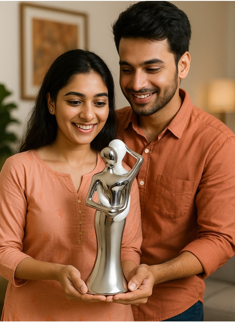 UPSCALE Extra Tall (27cm) Beautiful Love Couple Home Decor Item, Artefact, Statue for Home Decor, Living Room & Gifting| White & Silver  - Image 1