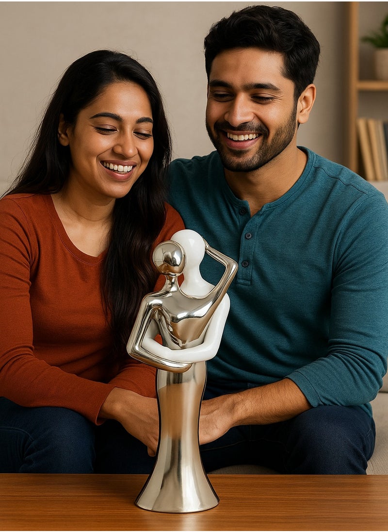 UPSCALE Extra Tall (27cm) Beautiful Love Couple Home Decor Item, Artefact, Statue for Home Decor, Living Room & Gifting| White & Silver  - Image 3