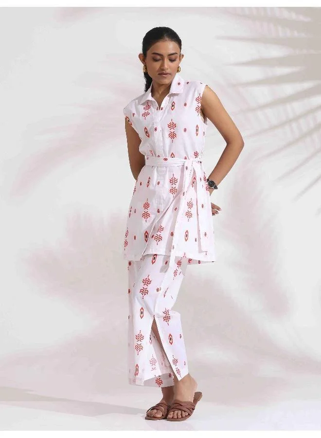 trueBrowns trueBrowns White Cotton Print Tie-up Top & Pants Co-ord Set