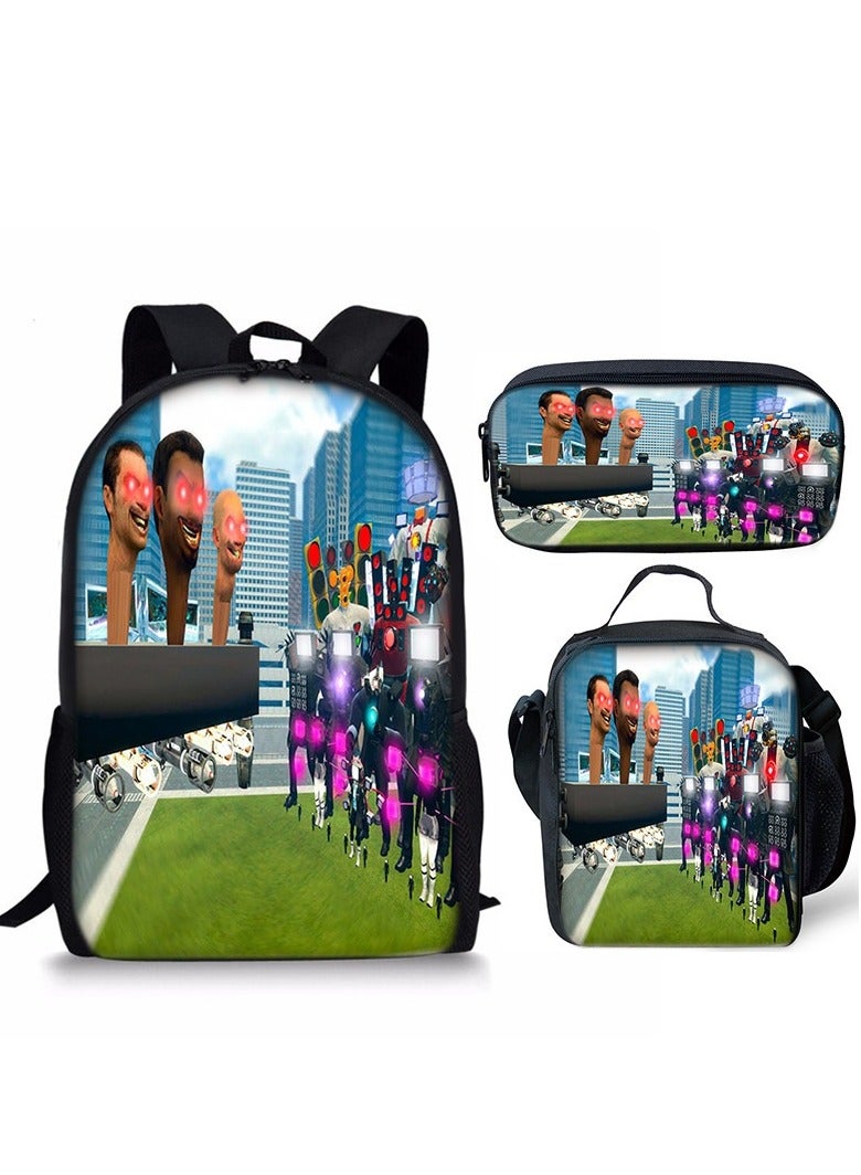 Y&D 3 Piece Skibidi Toilet 3D Print Insulated Lunch Backpack Set Multicolour