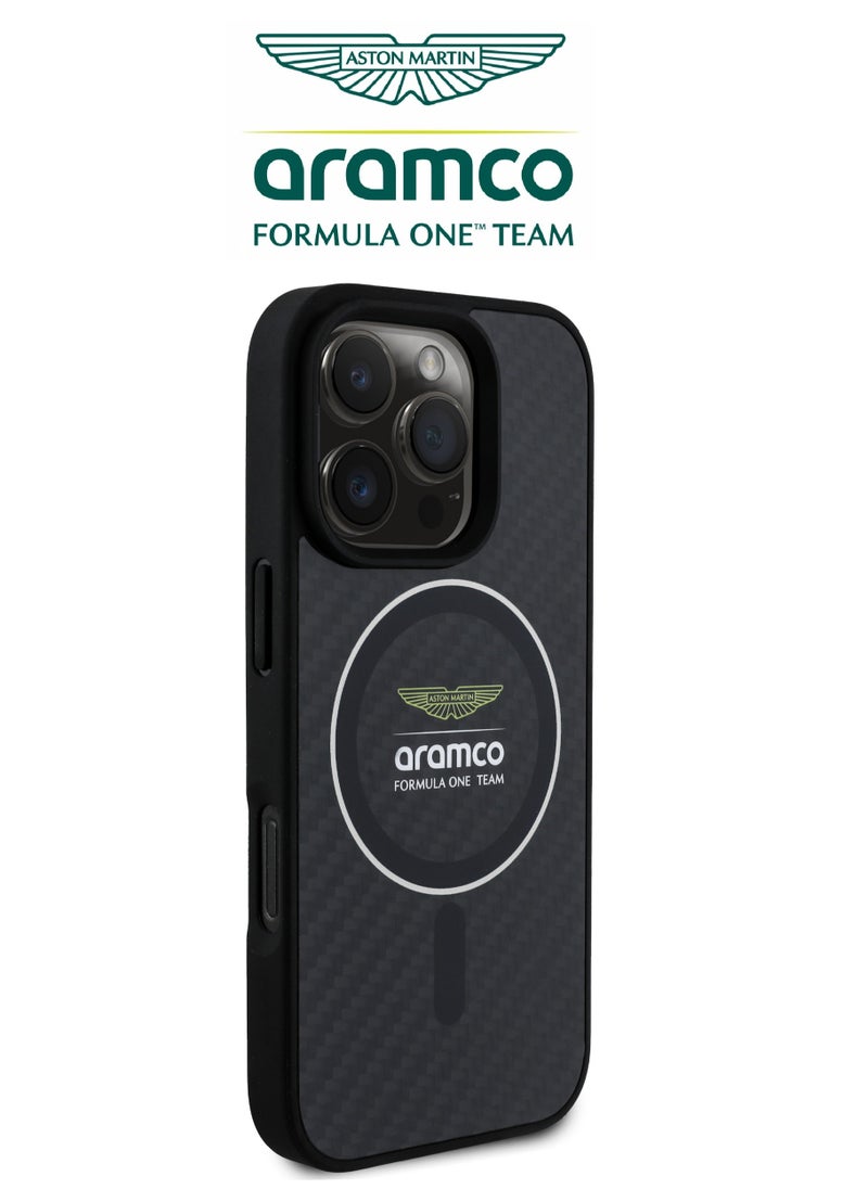 CG MOBILE iPhone 16 Pro max case with strong back protection for the mobile phone. iPhone 16 Pro max mobile phone case made of strong and luxurious carbon fiber. iPhone 16 Pro max cover with a luxurious French design. Original cover iphone 16 pro max certified by the global brand Aston Martin (Aramco). Mobile iphone cover supports wireless charging MagSafe. Black  - Image 4