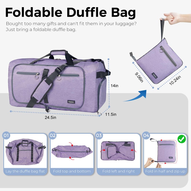 Fmeida 65L Duffle Bag with Shoes Compartment, Foldable Travel Duffel Bags for Men Women, Large Packable Travel Bag Water Repellent & Tear Resistant (Purple) - Image 3