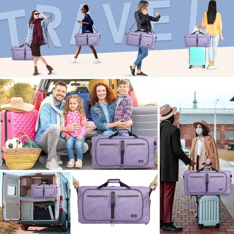 Fmeida 65L Duffle Bag with Shoes Compartment, Foldable Travel Duffel Bags for Men Women, Large Packable Travel Bag Water Repellent & Tear Resistant (Purple) - Image 2