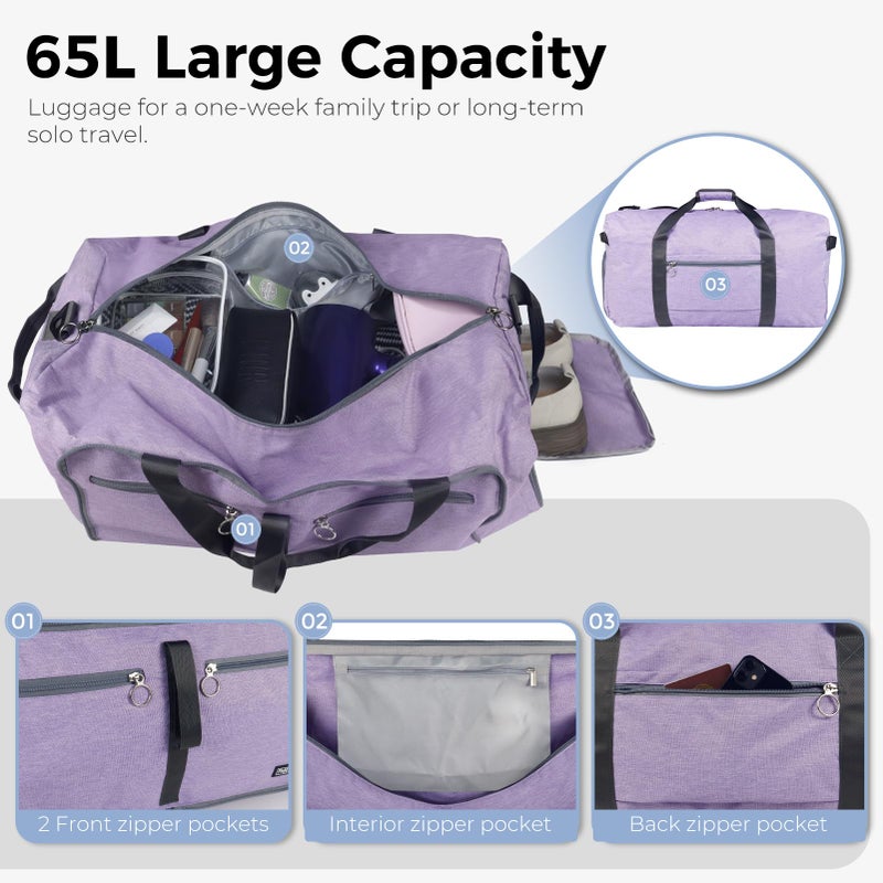 Fmeida 65L Duffle Bag with Shoes Compartment, Foldable Travel Duffel Bags for Men Women, Large Packable Travel Bag Water Repellent & Tear Resistant (Purple) - Image 4