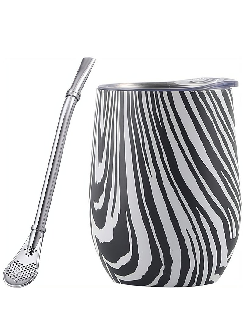 Zebra Stripe 12oz Yerba Mate Tea Cup with Bombilla Straw Double Wall Stainless Steel Easy Clean Drinkware Set  - Image 1