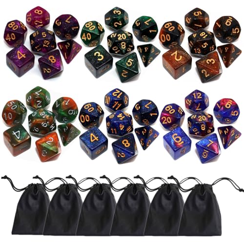 CREEBUY Polyhedral DND Dice Set6 Pack DoubleColors Nebula Dice Sets Compatible with Dungeons and Dragons DD Role Playing Game RPG Games Dice with D4 D6 D8 D10 D D12 D20 6 Glitter Dices - Image 1