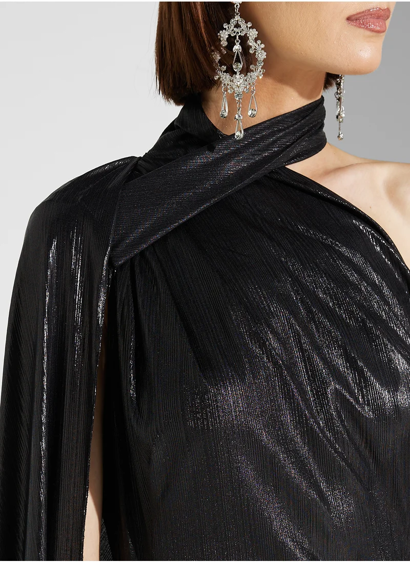 نمشي x One Shoulder Shimmer Dress With Sleeve Trail