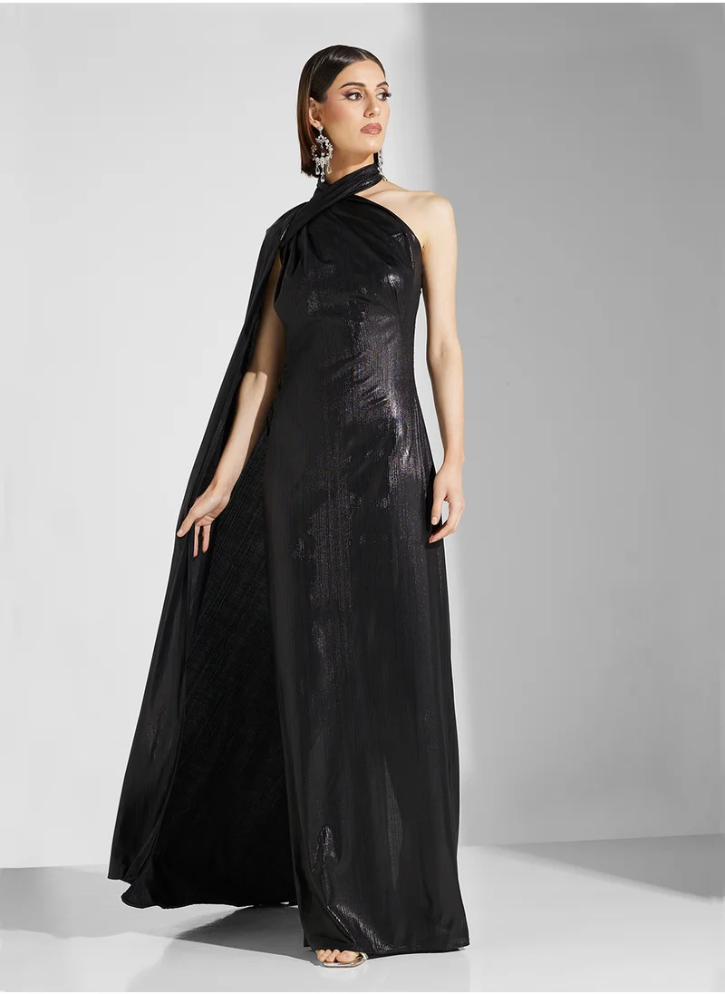 نمشي x One Shoulder Shimmer Dress With Sleeve Trail