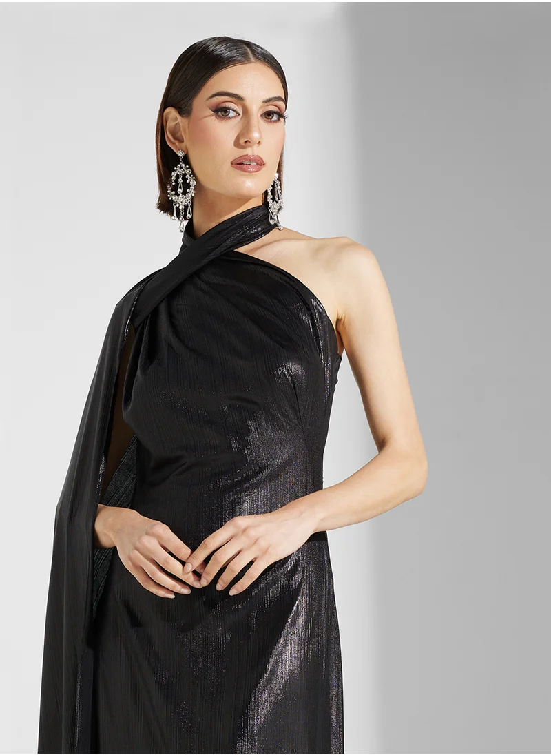 نمشي x One Shoulder Shimmer Dress With Sleeve Trail