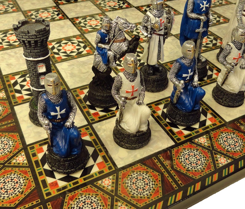 HPL Medieval Times Crusades Warrior Chess Set Blue White Maltese Cross with 16 12 Mosaic Color Board - Image 4