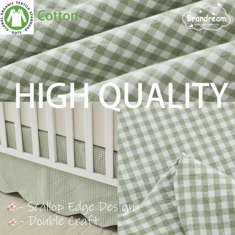 Brandream Scallop Edge Cotton Crib Skirt, Baby Boy, Baby Girl, Gender Neutral Crib Skirt Toddler Bedskirt Farmhouse Chic Nursery Crib Bed Skirt, Boho Bohemian Solid Green Gingham - Image 4
