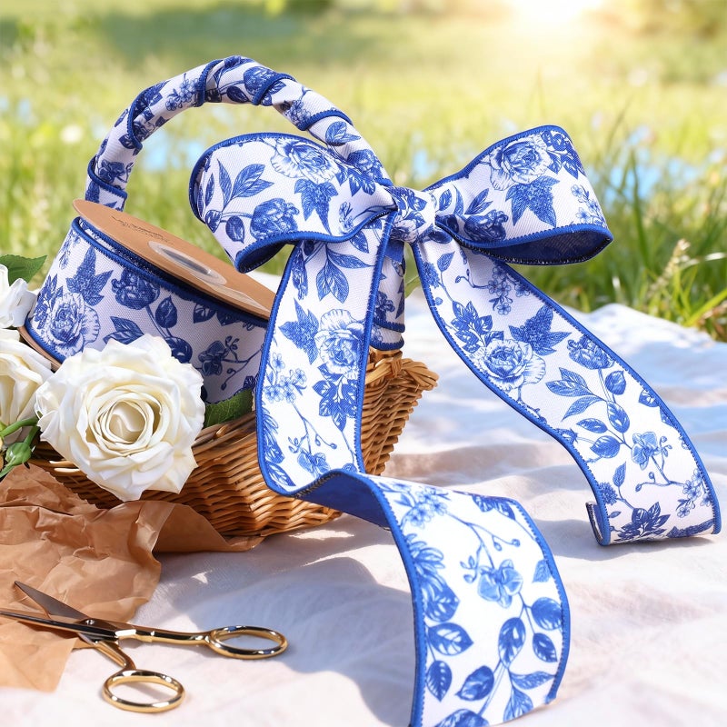 Laribbons Blue Floral Wired Ribbon, 2.5 Inch x 10 Yards, Spring Flower Ribbon for Wreath Making, Bows, Crafts & Home Decor - Image 2