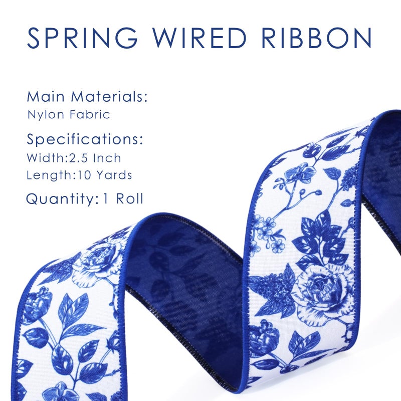 Laribbons Blue Floral Wired Ribbon, 2.5 Inch x 10 Yards, Spring Flower Ribbon for Wreath Making, Bows, Crafts & Home Decor - Image 5