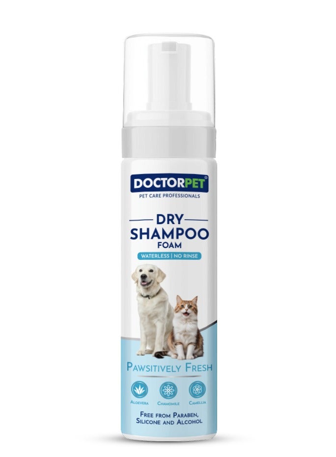 DOCTERPET Doctor Pet Dry Shampoo Foam Pawsitively Fresh 200ML - No Rinse Waterless Grooming - Aloe Vera, Chamomile & Camellia - Natural Cleanser for Dogs & Cats - Image 1
