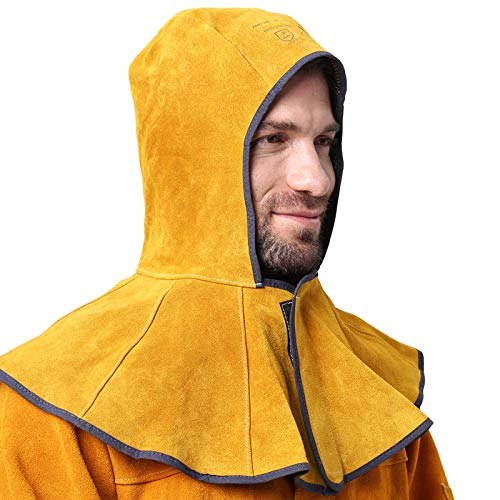 AP Welding Hood Helmet Golden Cowhide Split Leather Caps with Neck Shoulder Drape for Head Protection - Image 1