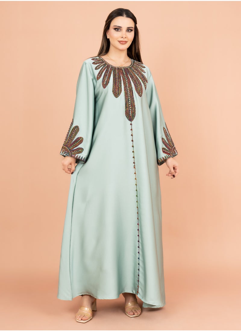 IKKXA Solid Embroidered Jalabiya IK1007 Green  - Image 1
