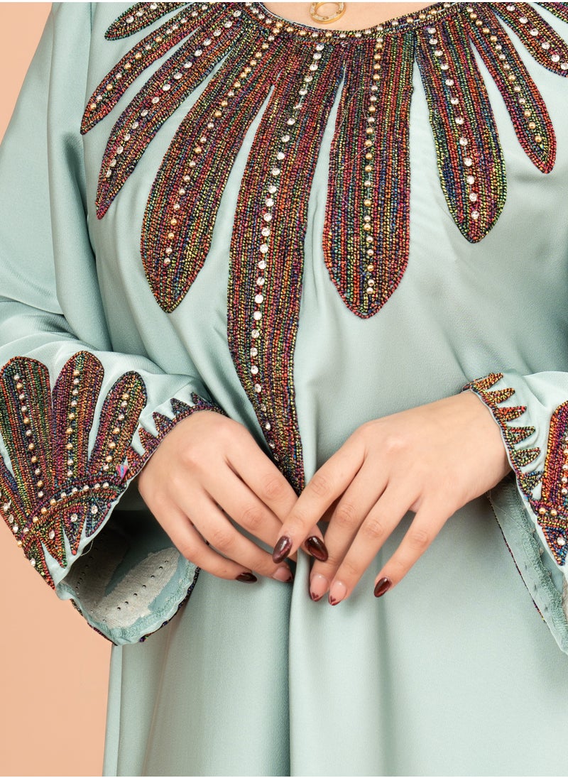 IKKXA Solid Embroidered Jalabiya IK1007 Green  - Image 2