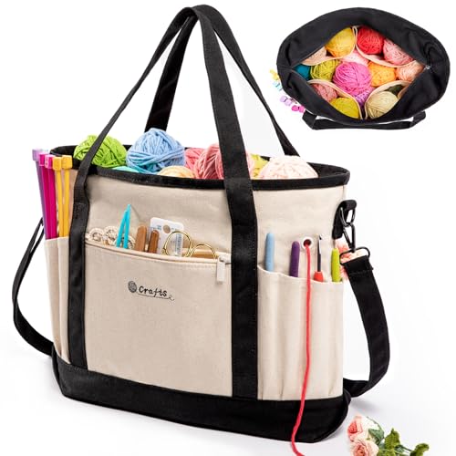 MYBAGZING Canvas Yarn Storage Organizer Bag Washable Crochet Bag with Pockets for Yarn Hooks Needles Travel Knitting Tote for Crafters Gift for Crocheters Knitters MediumLarge - Image 1