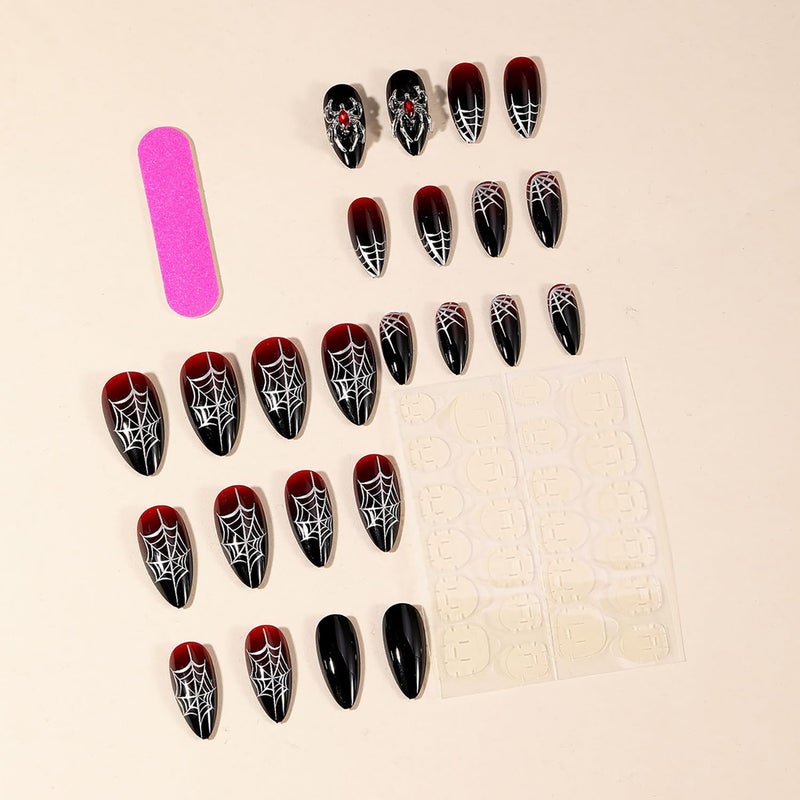 GRITOSE 24Pcs Goth Almond Press on Nails Halloween Fake Nails Red Black False Nails with Spider Web & 3D Spider Design Acrylic Goth Nails Press ons Medium Holiday Stick on Nail for Women Spider Nail - Image 2