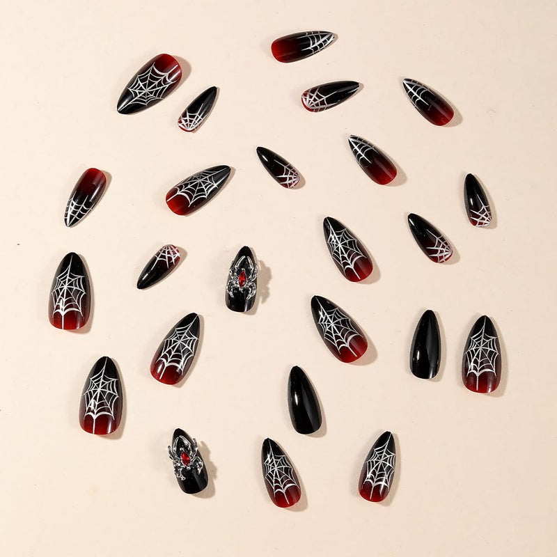 GRITOSE 24Pcs Goth Almond Press on Nails Halloween Fake Nails Red Black False Nails with Spider Web & 3D Spider Design Acrylic Goth Nails Press ons Medium Holiday Stick on Nail for Women Spider Nail - Image 3