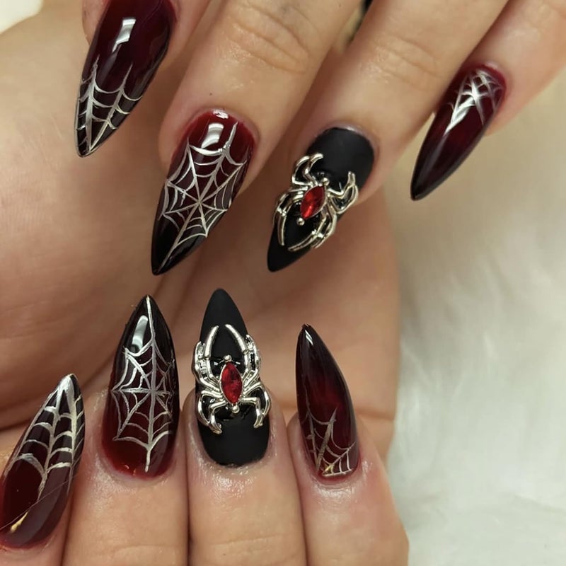 GRITOSE 24Pcs Goth Almond Press on Nails Halloween Fake Nails Red Black False Nails with Spider Web & 3D Spider Design Acrylic Goth Nails Press ons Medium Holiday Stick on Nail for Women Spider Nail - Image 1
