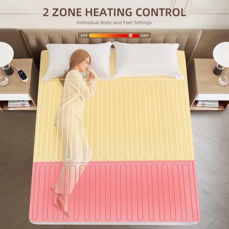 Caperia Multizone Waterproof Heated Mattress Pad, Individual Body & Feet Electric Mattress Bed Warmer 9 Heat Settings, 1-12 Hours Auto Off, Deep Pocket, Fast Heating, Machine Washable, Full, 54" x 75" - Image 2