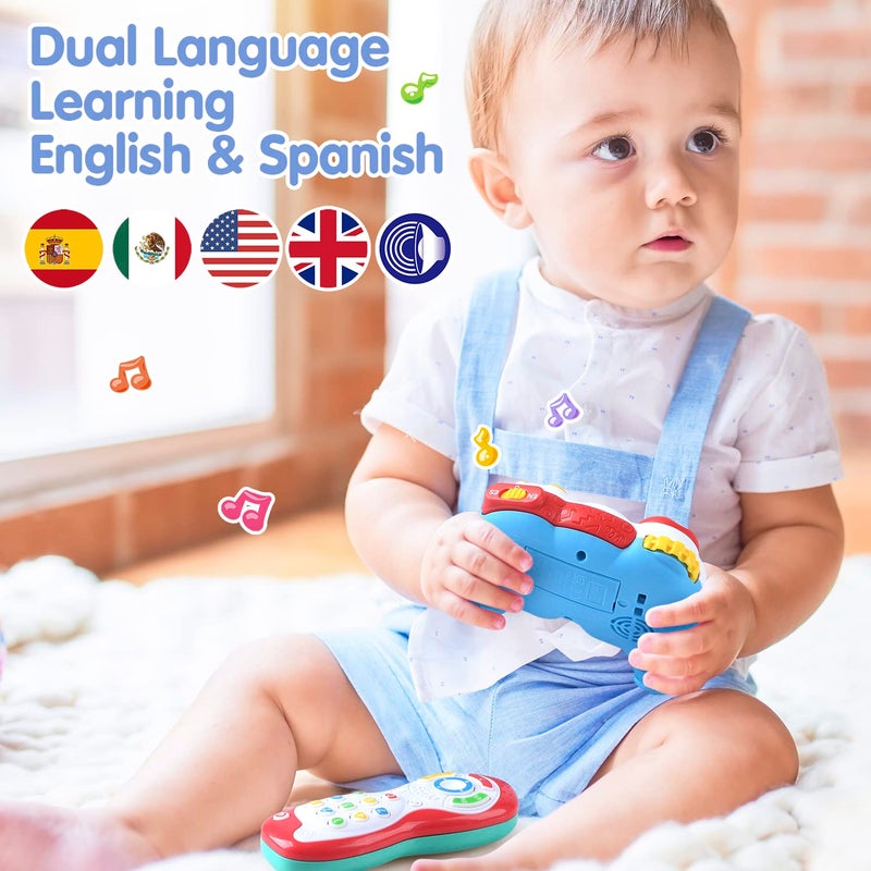 PLAY لعبة تحكم الأطفال - ألعاب تعليمية ثنائية اللغة باللغتين الإسبانية والإنجليزية، مجموعة تحكم فيديو وهمية وجهاز تحكم عن بعد مع موسيقى وضوء، هدية عيد الميلاد أو عيد الميلاد للأطفال الرضع والأطفال الصغار من 12 شهرًا فما فوق - Image 2