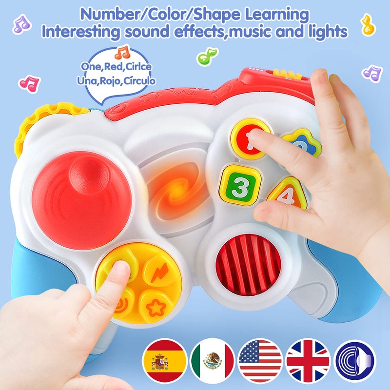 PLAY لعبة تحكم الأطفال - ألعاب تعليمية ثنائية اللغة باللغتين الإسبانية والإنجليزية، مجموعة تحكم فيديو وهمية وجهاز تحكم عن بعد مع موسيقى وضوء، هدية عيد الميلاد أو عيد الميلاد للأطفال الرضع والأطفال الصغار من 12 شهرًا فما فوق - Image 3