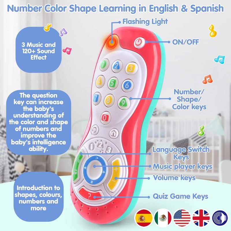 PLAY لعبة تحكم الأطفال - ألعاب تعليمية ثنائية اللغة باللغتين الإسبانية والإنجليزية، مجموعة تحكم فيديو وهمية وجهاز تحكم عن بعد مع موسيقى وضوء، هدية عيد الميلاد أو عيد الميلاد للأطفال الرضع والأطفال الصغار من 12 شهرًا فما فوق - Image 5