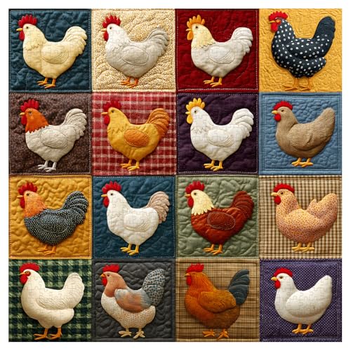 Larkipuzz Vintage Colorful Chicken Puzzles for Adults 1000 Pieces Cute Rooster Jigsaw Puzzles Quilting Art Unique Impossible Animal Patch Theme as Art Decor - Image 5