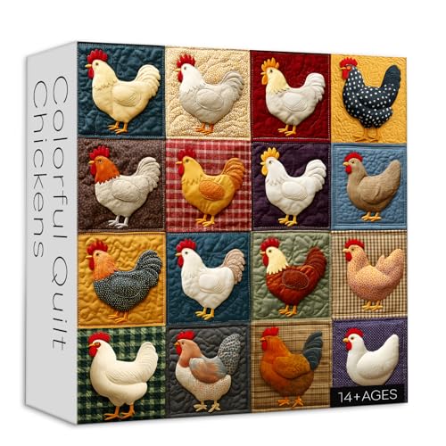 Larkipuzz Vintage Colorful Chicken Puzzles for Adults 1000 Pieces Cute Rooster Jigsaw Puzzles Quilting Art Unique Impossible Animal Patch Theme as Art Decor - Image 1