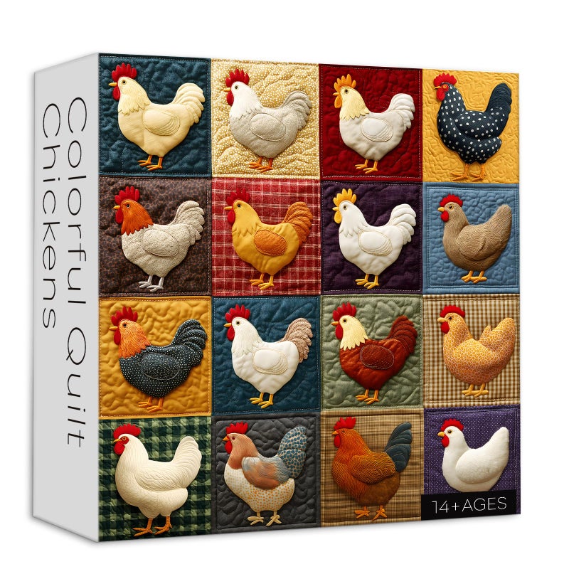 Larkipuzz Vintage Colorful Chicken Puzzles for Adults 1000 Pieces Cute Rooster Jigsaw Puzzles Quilting Art Unique Impossible Animal Patch Theme as Art Decor - Image 3