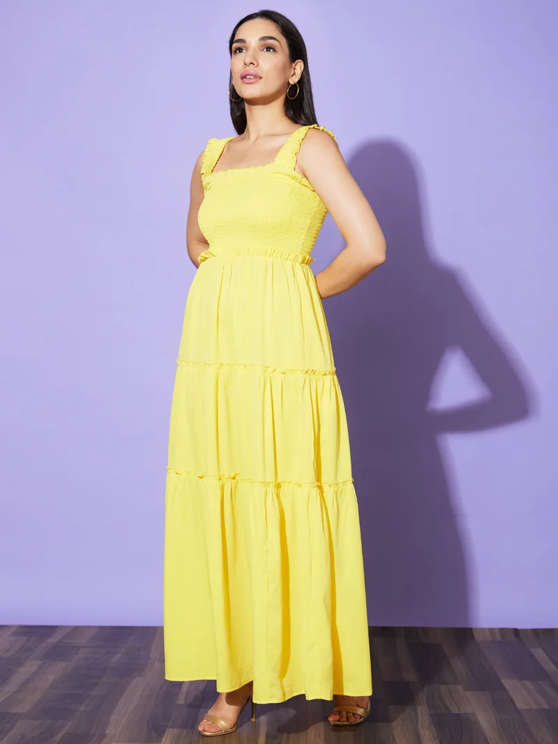 globus Globus Women Yellow Georgette Shoulder Strap Tiered Fit & Flare Party Dress