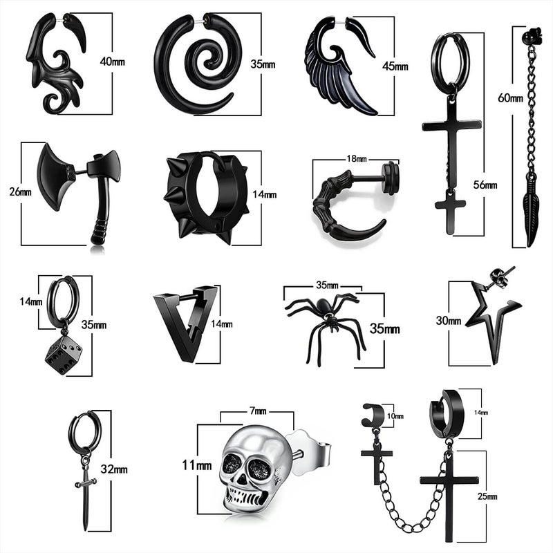 ASDICOXB 15 Pairs Punk Style Earrings Set for Women and Men, Black Stainless Steel Gothic Earrings Kit Fashion Cross with Cross, Axe, Wing, Skull Heads, Spider, and More (15) (Black, dark punk) - Image 2