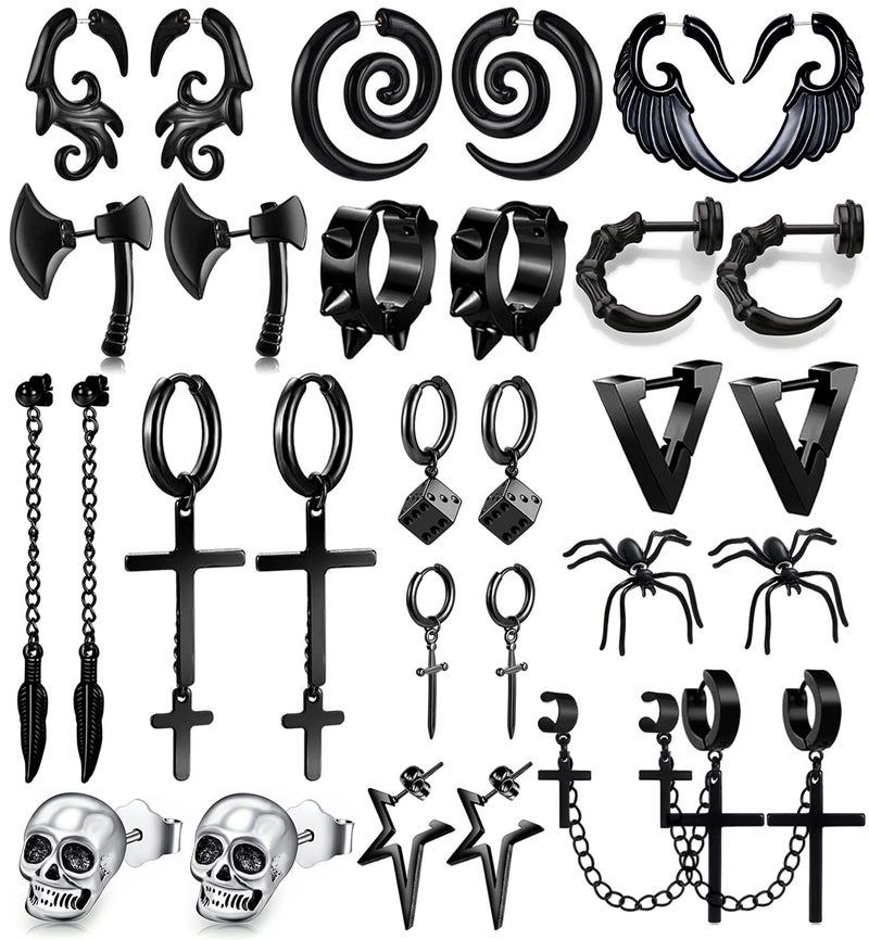 ASDICOXB 15 Pairs Punk Style Earrings Set for Women and Men, Black Stainless Steel Gothic Earrings Kit Fashion Cross with Cross, Axe, Wing, Skull Heads, Spider, and More (15) (Black, dark punk) - Image 1
