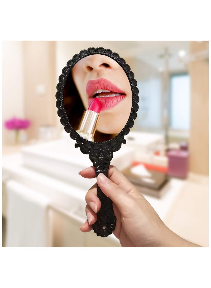 Handheld Mirror with Handle, Makeup Compact Hand Mirrors Travel Small Vintage Purse Mirrors, Hand Held Packet Mini Mirrors for Girls Decorative Embossed Flower (Black) - Image 5
