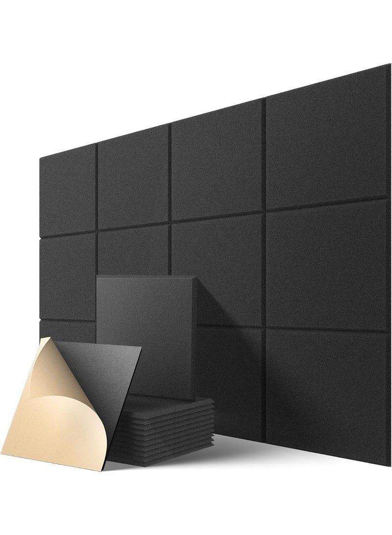 عبوة من ١٢ لوحًا صوتيًا ذاتي اللصق، ألواح إسفنجية عازلة للصوت من البوليستر عالي الكثافة، مقاس ١٢ بوصة × ١٢ بوصة × ٠.٤ بوصة، ألواح جدران عازلة للصوت للمنزل والمكتب (أسود) - Image 1