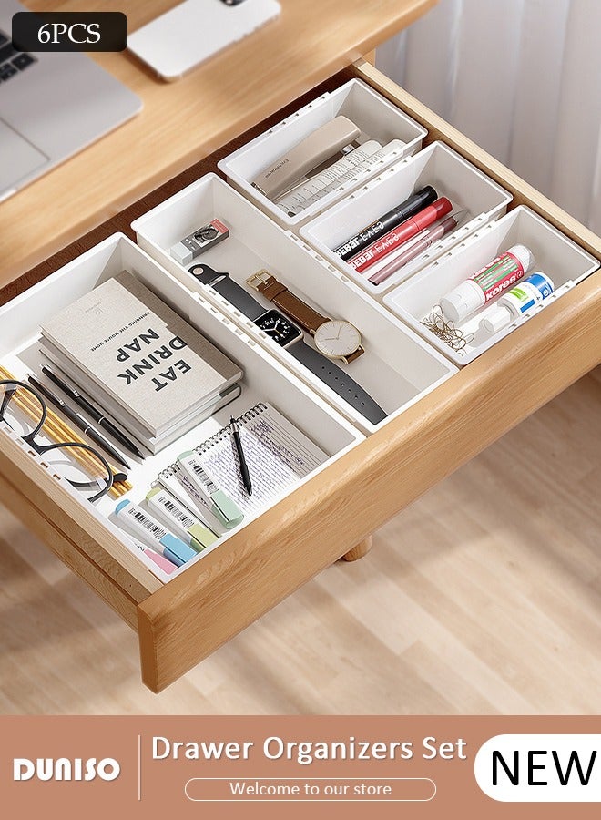 DUNISO 6PCS Drawer Organizers Tray Set, 3 Sizes Plastic Vanity Drawer Organizers, Stretchable Desk Drawer Organizer Trays, Bathroom Drawer Organizer Trays, Versatile Tidy Divider for Dresser,Bathroom,Kitchen,Office - Image 1