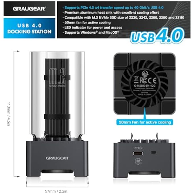 GRAUGEAR 40GBPS M.2 NVME SSD DOCKING STATION, USB 4 EXTERNAL DOCKING STATION WITH COOLING FAN, UASP SUPPORT, THUNDERBOLT 4/3 COMPATIBLE, ASM2464PD CHIP - Image 2