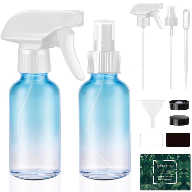 Tecohouse Glass Spray Bottles 4 oz, 2 Pack Spray Bottles for Hair Empty Refillable Fine Mist Sprayer with Labels, Funnel, Pipettes Blue - Image 1