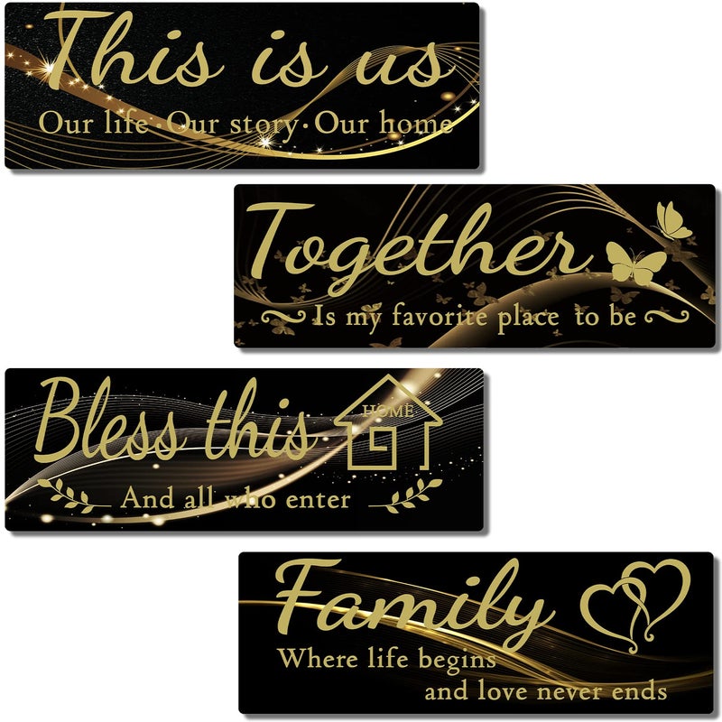 4 PCS Home Wall Decor Signs IDATOO Rustic Wooden Living Room Hanging Decorations with Quotes THIS IS USTOGETHERBLESS THISFAMILY Housewarming Gifts for Wedding Kitchen Black 1 15 x 51 inch