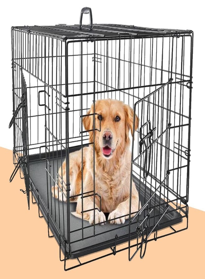 HHS Large Dog Crate Folding Dog Cage Kennel 48 Inch Metal Wire Double-Door Pet Cage for Dogs Heavy Duty Pet Animal Crates with Plastic Tray and Handle for Indoor Outdoor Travel,Black - Image 1